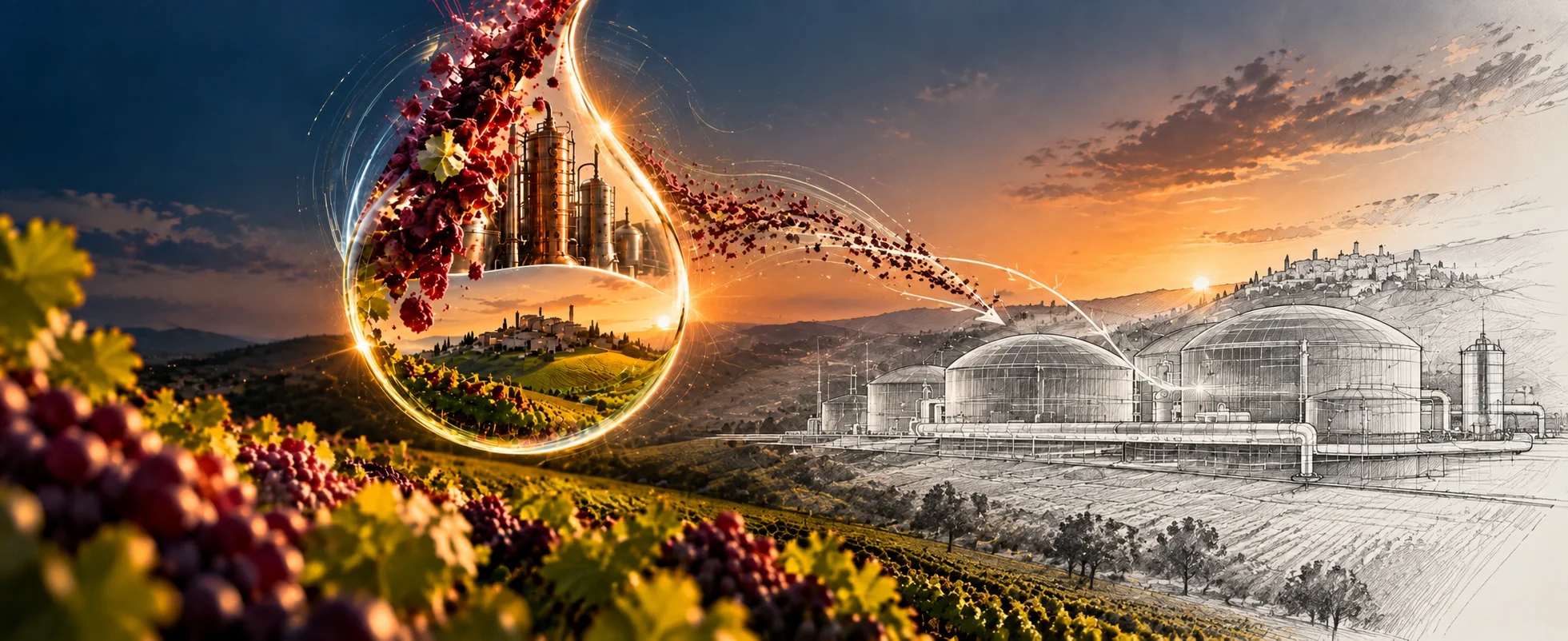 Illustrative image: from grape pomace to distillation, up to an authorised methane and biogas plant yet to be built