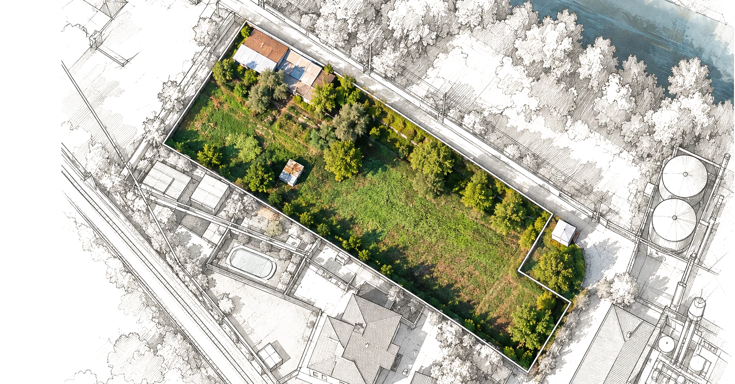 Illustrative view of the agricultural land adjacent to the plant, between sketch and aerial view