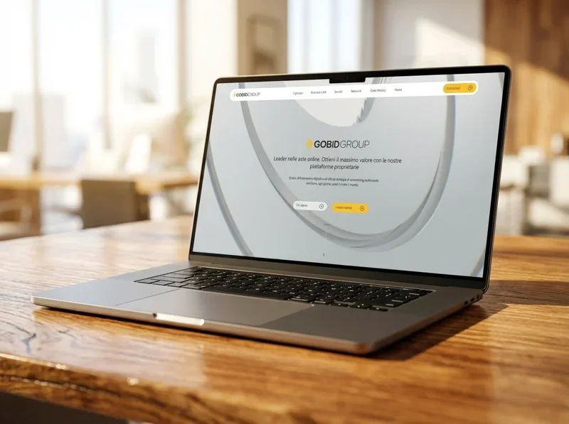 Laptop showing the gobidgroup.com website on a desk