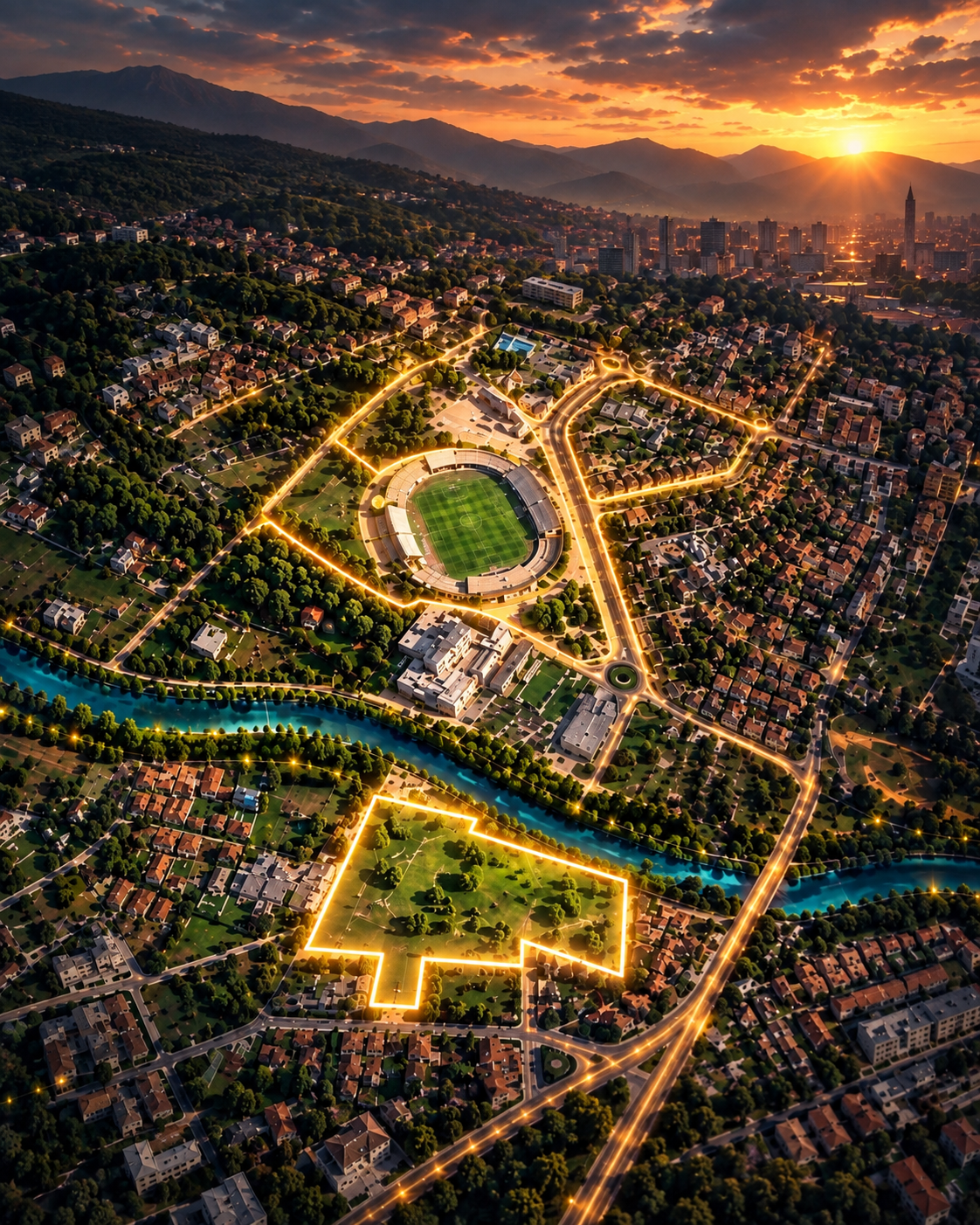 Aerial night view of Terni with the Libero Liberati Stadium and the development land highlighted