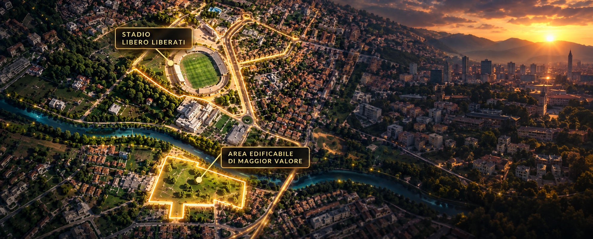 Aerial night view of Terni with the Libero Liberati Stadium and the development land highlighted